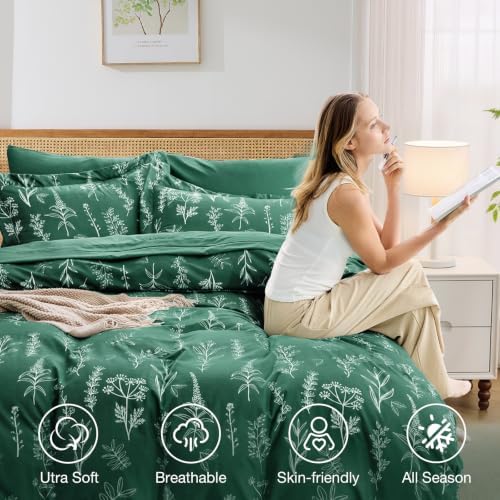 MUXHOMO Emerald Green Full Comforter Set, Elegant Floral Print Bed in a Bag 7 Pieces, Ultra Soft & Breathable Reversible Botanical Pattern Bedding Set with Comforter, Sheets, Pillowcases, and Shams