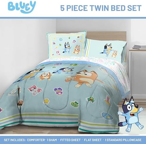 Bluey Bingo Twin Comforter Set 5 Piece Soft Kids Cartoon Bedding, Blue