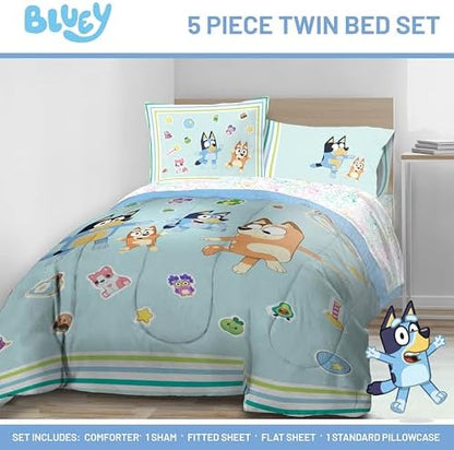 Bluey Bingo Twin Comforter Set 5 Piece Soft Kids Cartoon Bedding, Blue