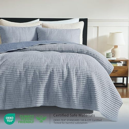 WDCOZY Chambray Blue King Size Pick Stitch Quilt Set 3 Pieces 104x90 inches