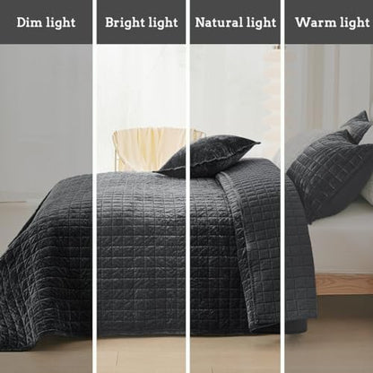 Quilt Set Queen Size 90x98 Luxurious Velvet Bedding Sets with 2 Pillow Shams 20x26 3 Pieces Ultra Soft Quilted Bedspread Coverlet Comforter for All Season,Black