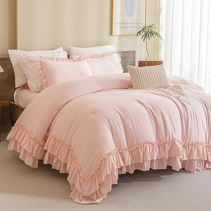 Masaca Blush Pink Comforter Set Queen,Farmhouse Shabby Boho Chic Comforter,Vintage Rustic Soft Microfiber Down Alternative Bedding Comforter Set 3PCS(1 Ruffled Comforter and 2 Pillowcases)