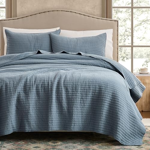 WDCOZY 100% Cotton California King Size Quilt Set, Pick Stitch, Dusty Blue