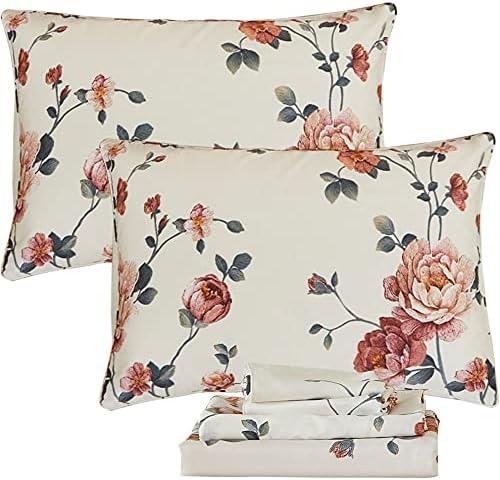 FADFAY Sheets Set Twin Shabby Beige Floral Bedding Elegant Peony Sheets Set Vintage Flower Bedding Collections Soft 100% Egyptian Cotton 800 Thread Count Deep Pocket Fitted Sheet, 4Pcs-Twin Size