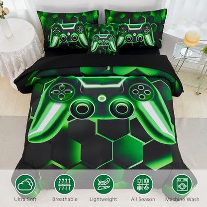 URBONUR Black Green Gaming Twin Comforter Set for Boys 6Pcs Bed in A Bag