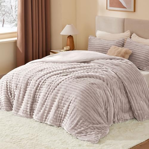 BEDELITE Fleece Queen Comforter Set, Fluffy Bed Set, Lotus Pink