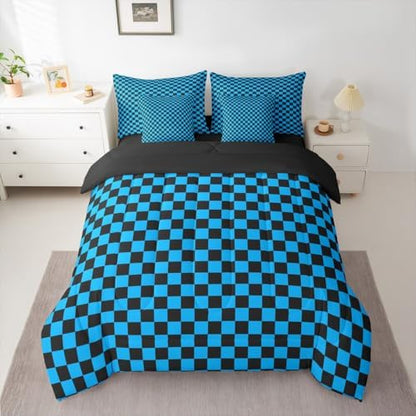 jejeloiu Blue Black Comforter Set with Sheets 7 Piece Queen Size