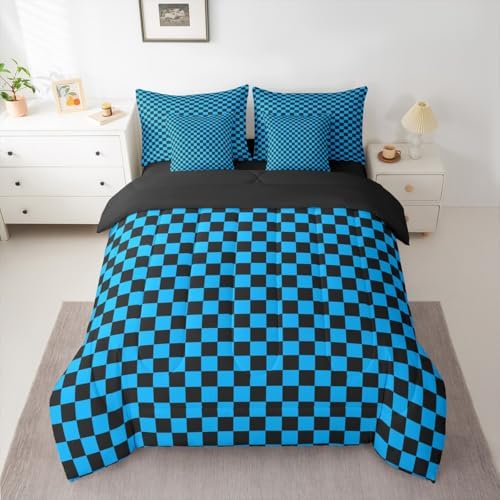 jejeloiu Blue Black Bedding Set 7Pcs King Size Kids Plaid Checkered Comforter Set with Sheets for Boys Girls Classic Grid Buffalo Check Bed in a Bag Soft Lightweight,Microfiber