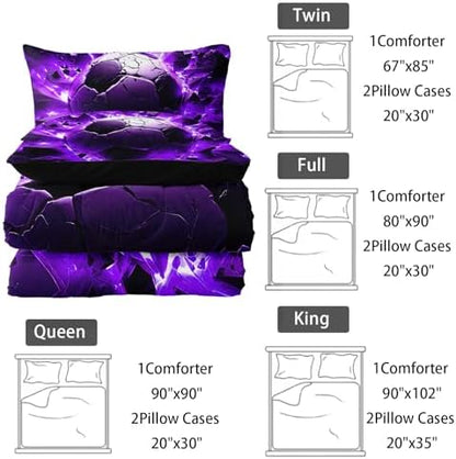 Nttopship Soccer Bedding Comforter Set Queen Size for Kids Teens and Adults, Purple and Black Football Printed Bedding Sets 3 PCS,Ball Sports Themed Bedroom Decor with 1 Comforter and 2 Pillowcases