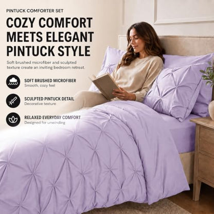 HIMEET Queen Comforter Set Lavender - 7 Pieces Pintuck Bed in a Bag