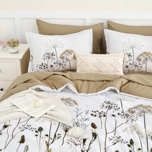 Yiran Khaki Floral Comforter Set King Size, 7 Piece Dandelion Botanical Plant Comforter Bedding Set, Bed in a Bag King, Soft Microfiber Complete Bedding Set with Sheets for All Season