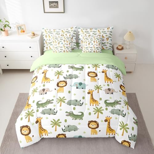Erosebridal Zoo Animals Queen Comforter Set 7 Piece for Kids Boys Girls African Safari Animals Bed in A Bag with Sheets Elephant Lion Rhinoceros Crocodile Giraffe Bedding Set Wildlife Bed Set