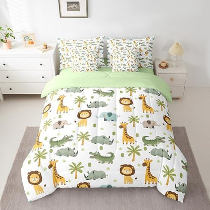 Erosebridal Zoo Animals Queen Comforter Set 7 Piece for Kids Boys Girls African Safari Animals Bed in A Bag with Sheets Elephant Lion Rhinoceros Crocodile Giraffe Bedding Set Wildlife Bed Set