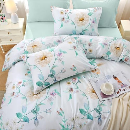 MUXHOMO Green Branch Full Comforter Set, Elegant Floral Print Bed in a Bag 7 Pieces, Ultra Soft & Breathable Reversible Botanical Pattern Bedding Set with Comforter, Sheets, Pillowcases, and Shams