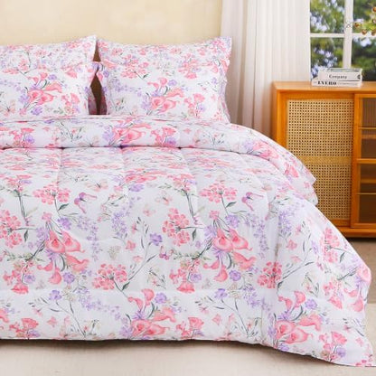 lasoftan Floral Queen Comforter Set with Sheets, 7 piece Luxury Vintage Bedding, Soft Microfiber Bed in a Bag, Cozy Lightweight Bed Set, Pink Floral Botanical