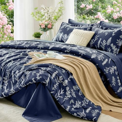 MUXHOMO Navy Blue Cal King Comforter Set, Elegant Floral Print Bed in a Bag 7 Pieces, Ultra Soft & Breathable Reversible Botanical Pattern Bedding Set with Comforter, Sheets, Pillowcases, and Shams