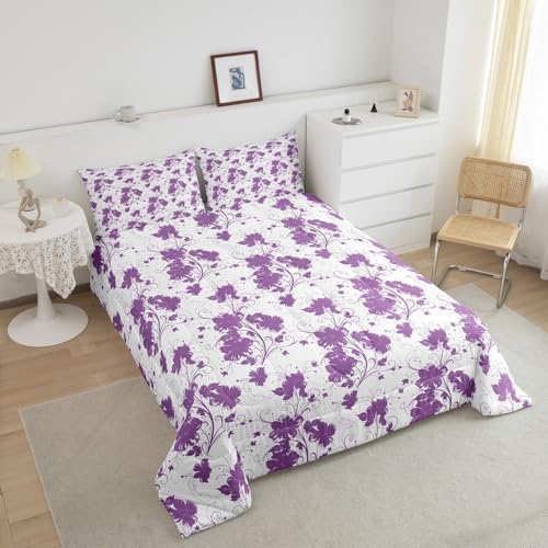 jejeloiu Purple Flower Comforter Set Queen Size Kids Floral Bedding Set for Boys Girls Teens Botanical Duvet Breathable Minimalist Aesthetics Quilt Bedroom Decor,1 Comforter with 2 Pillowcase