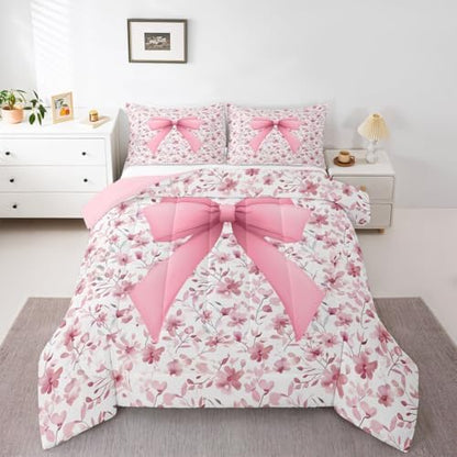 jejeloiu Girls Pink Bow Comforter Set Full Size Bow Bedding Set for Kids Boys Girls Cute Bowknot Duvet Quilt Bedroom Decor Microfiber 3 Pcs with 2 Pillow Cases