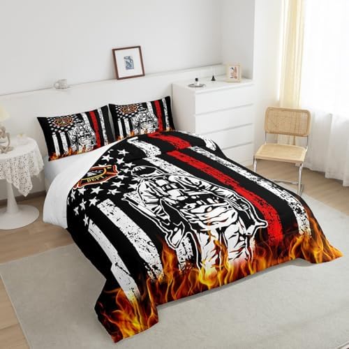Homewish Vintage American Flag Comforter Set Full Size,Firefighter Silhouette Bedding Set for Kids Boys Men Teens,3D Flaming Red Black White Stars Striped Quilt Set Fire Equipment Duvet Insert 3Pcs