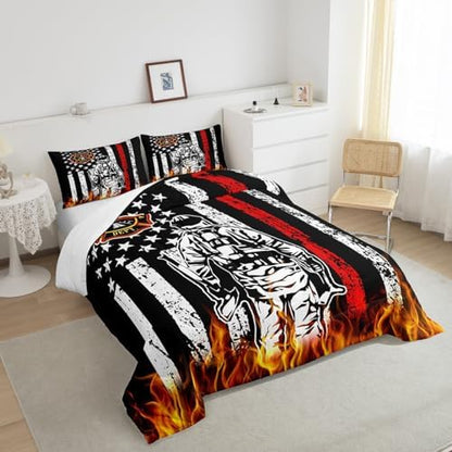 Homewish Vintage American Flag Comforter Set Full Size,Firefighter Silhouette Bedding Set for Kids Boys Men Teens,3D Flaming Red Black White Stars Striped Quilt Set Fire Equipment Duvet Insert 3Pcs