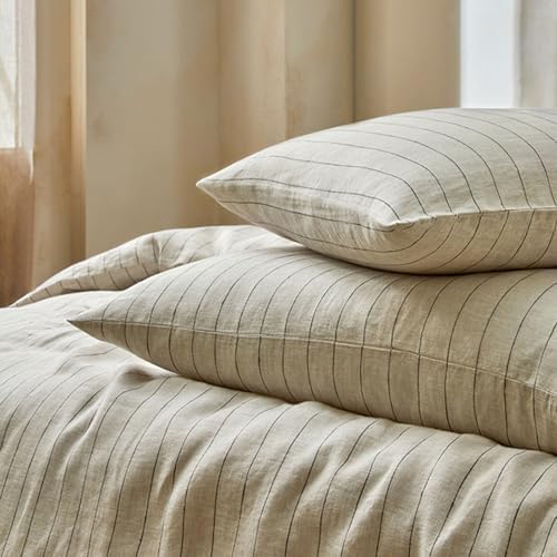 mixinni 3 Piece Striped Duvet Cover Set, Neutral Washed Cotton Linen Blend Bedding, Vintage Stripe Comforter Cover with 2 Pillowcases, Soft Breathable Farmhouse Bed Set for All Season-King Size