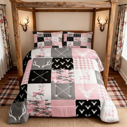 Pink Camo Kids Comforter Set Twin Size,Deer Antlers Silhouette Camouflage Bedding Set for Boys Girls New Year Xmas Decor,Wild Animals Hunting Down Comforter,Arrow Plaids Patchwork Quilt,1 Pillowcase