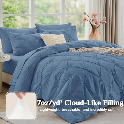 JOLLYVOGUE Twin XL Comforter Set 5 Pieces - Bed in a Bag Twin XL for All Season, Pintuck Bedding Comforter Sets with Comforter, Flat Sheet, Fitted Sheet and Pillowcases & Shams, Slate Blue