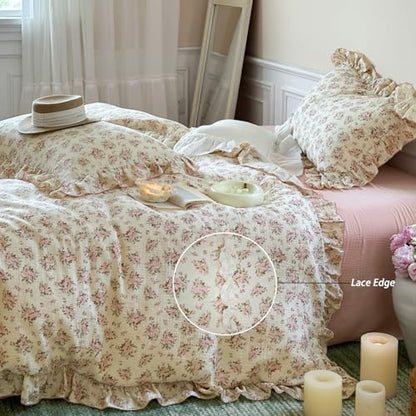 VM VOUGEMARKET Muslin Cotton Duvet Cover Set Queen,Vintage Flower Comforter/Quilt Cover with Romantic Ruffles,Soft, Breathable & Lightweight 90"x90"