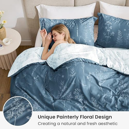 Love's cabin Bluish Grey Comforter Set King - King Size Comforter Set, 3 Pieces Cute Floral Bedding Sets for All Seasons,1 Soft Reversible Botanical Flowers Comforter and 2 Pillow Shams