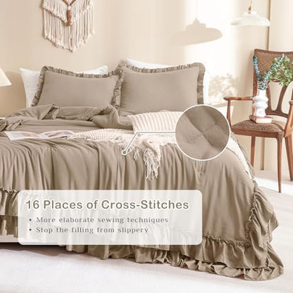Masaca Ruffled Comforter Set for Queen Bed,3 Pieces Vintage Farmhouse Shabby Light Taupe Bedding Comforter Set Lightweight Ultra Soft French Country Bedding (1 Farmhouse Comforter +2 Pillowcases)