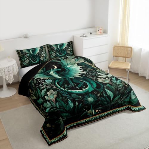 Feelyou Dragon Comforter Set All Season Dragon Stuff Bedding Set with 1 Pillow Cases Wild Life Kids Twin Bedclothes Magic Wildlife Bedroom Decor Greenish Duvet Quilt Breathable Soft