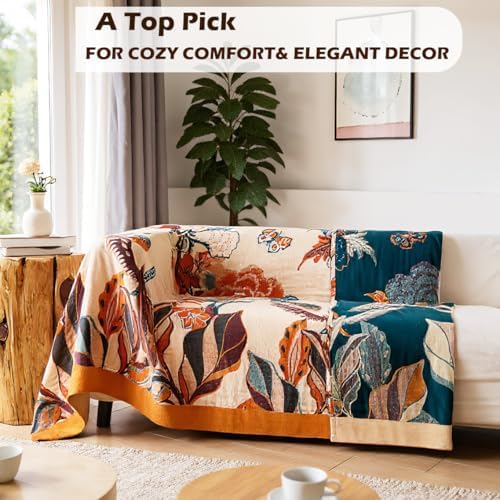 VANJOROY Boho Large Throw Blanket, 100% Organic Cotton Breathable Soft Bed Throw - Floral Bird Farmhouse Decor Blanket for Sofa Couch Chair Quilt and Gift. 91" x 98"- Beige