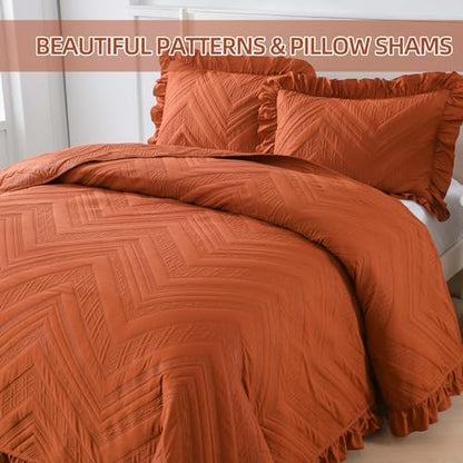 DJY Fall Queen Quilt Bedding Set, Burnt Orange Ruffled Bedspread Coverlet