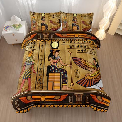Nttopship Ancient Egypt Comforter Bedding Set with 2 Pillowcase Queen Size Pharaoh Pyramid Comforter Set for Kids Boys Girls Bedroom Decor