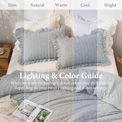 JOLLYVOGUE Light Grey Comforter Full Size, 3 Pieces Seersucker Lightweight Full Size Bedding, All Season Fluffy Microfiber Bedding Comforter Set with 1 Ruffle Comforter and 2 Ruffle Pillowshams