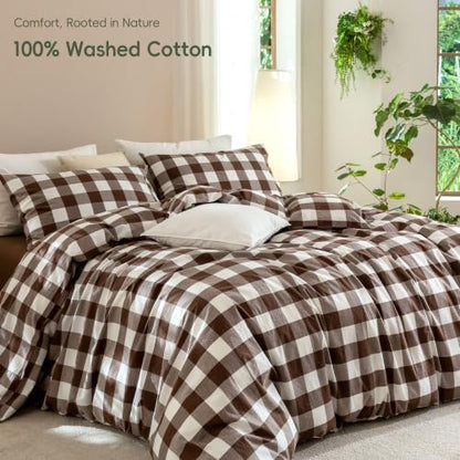 JIYUAN King Washed Cotton Duvet Cover Set, 3-Piece, Buffalo Check