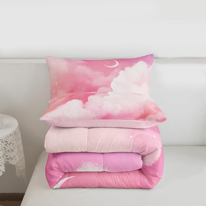 Moon and Stars Comforter Set Twin,Pink White Tie Dye Bedding Set for Girls Women Room Decor Reversible Aesthetic Marble Down Alternative,Galaxy Space Quilted Duvet Insert Cute Warm All Season