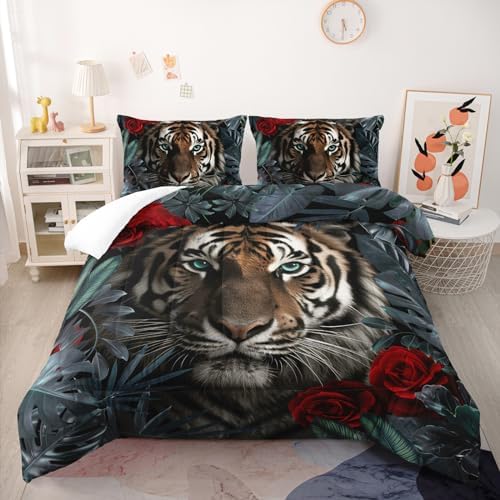 Nttopship Tiger Comforter Set Queen Size，Red Rose Flower Comforter Set for Kids,Wild Animal Printed Comforter Sets，Kids Room Decor with 1 Comforter with 2 Pillow Case