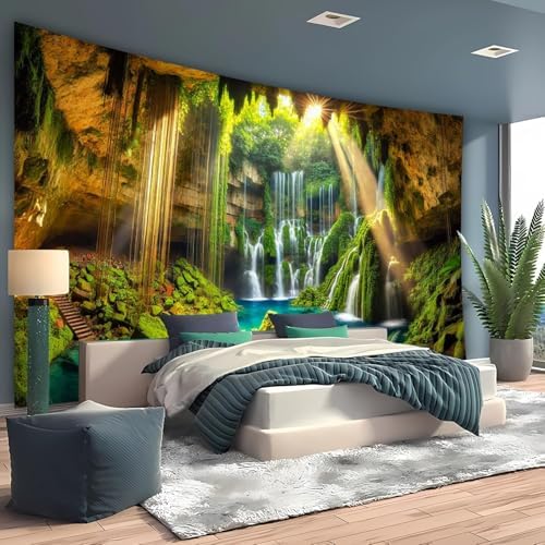 FENDROM Waterfall Tapestry Tropical Forest Mountain Sunset Cave Stone Wall Hanging Scenic Rainforest Landscape Nature Sunrise Headboard for Bedroom Living Room Home Decor