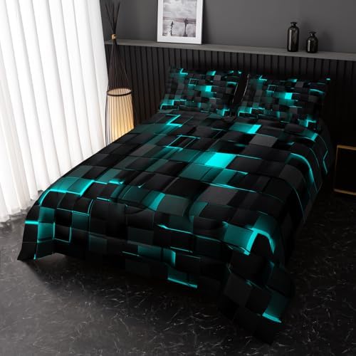 Nttopship Neon Turquoise Black Comforter Set Queen Geometric Kids Bedding Set,3 PCS Geometry Honeycomb Bed Set Modern Quilt Set 1 Comforter 2 Pillow Cases Cool Room Decor All Season B-Side Black