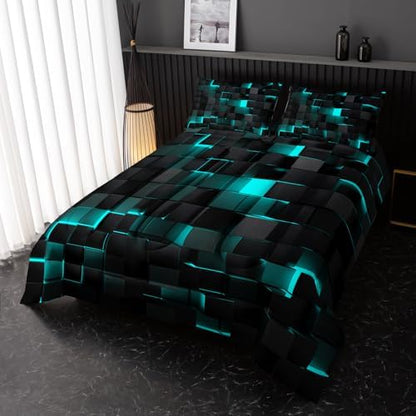 Nttopship Neon Turquoise Black Comforter Set Full Geometric Kids Bedding Set,3 PCS Geometry Honeycomb Bed Set Modern Quilt Set 1 Comforter 2 Pillow Cases Cool Room Decor All Season B-Side Black