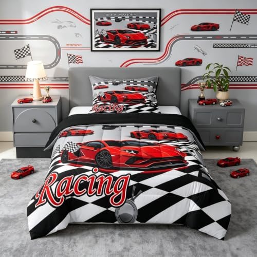 Feelyou Boys Sports Car Comforter Set Toddler Size Red Speed Race Car Bedding Set for Kids Boys Girls Racing Extreme Sports Duvet Quilt Automobile Bedroom Decor Microfiber 2 Pcs with 1 Pillow Cases