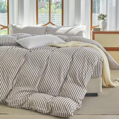 Striped Duvet Cover Set King Size 3 Piece 100% Washed Cotton Linen Feel Bedding Set Comfy Breathable (King, Classic Stripe-Mauve Brown/White)
