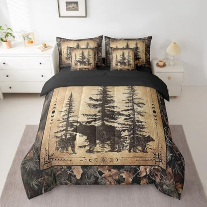 Erosebridal Tree Camo Cabin Comforter Set King 7 Piece Rustic Farmhouse Bedding Sets with Sheets Camouflage Hunting Wildlife Bear Bed in A Bag for Boys Teen Men,Woodland Pine Tree Animal Bed Set