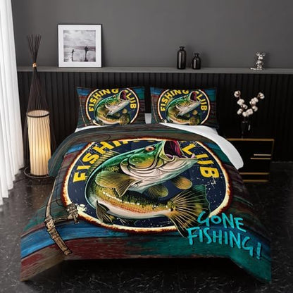Nttopship Big Pike Fish Bedding, Bass Fishing Comforter Set Hunting and Fishing Themed Comforter Set for Kids Boys Room Decor, Queen Bed in a Bag for Teens with 2 Pillowcases