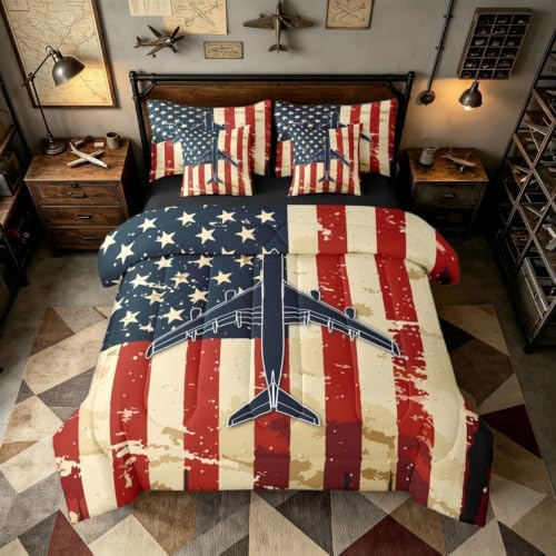 Erosebridal 7 Pcs American Flag Airplane Comforter Set Full Military Airplane Bedding Set with Sheets for Boys Kids Teens Men Vintage Patriotic Bed in A Bag Navy Plane Bed Sets for Aviation Lovers