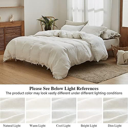 Simple&Opulence 100% Linen Duvet Cover Set 3pcs with Bowknot Ties Closure Natural French Washed Flax Solid Color Soft Breathable Farmhouse Bedding - White, Queen Size