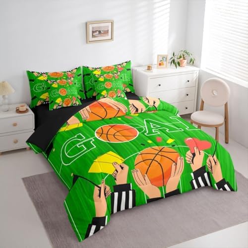 Erosebridal Boys Basketbal Gaming Pattern Green Boys Kids 7 Piece Bedding Set Twin | Playground Comforter Set with Sheets Ball Games Sports Theme Bed in A Bag Geometric Bed Sets