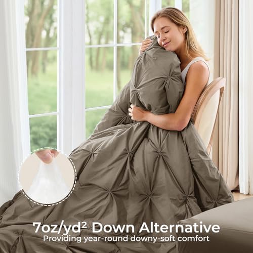 Sasttie Twin XL Comforter Set, 5-Piece Bed in a Bag, Pintuck Bedding Sets for All Season, Includes Comforter, Flat Sheet, Fitted Sheet, Pillowcase and Pillowsham, Brown