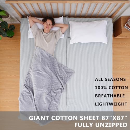 100% Cotton Sleeping Bag Liner with Full Length Zipper on 3 Sides; Single/Double Adult Sleep Sack for Travel & Camping, Multifunctional Travel Sheets (Unzipped 87”x87”) for Hotel, Lightweight